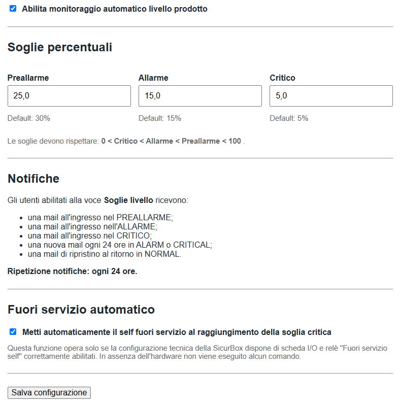 Schermata SicurBox: Soglie e notifiche